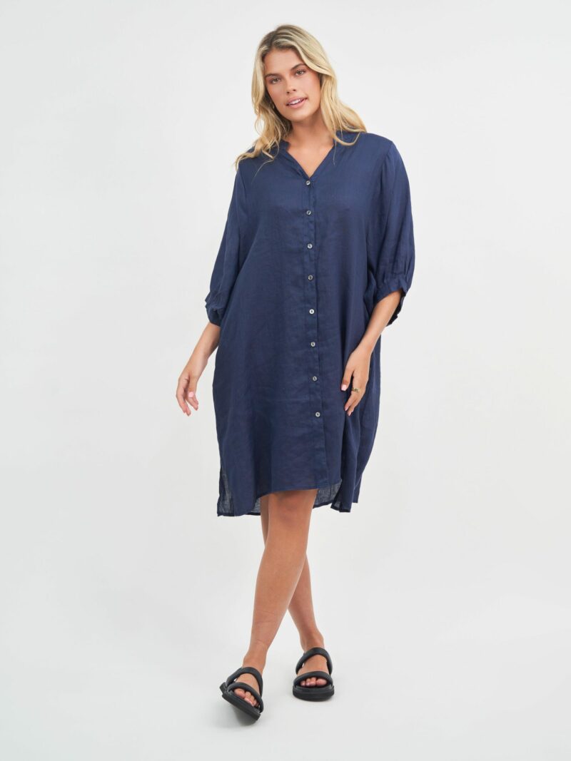 Exaggerated Sleeve Linen Dress Navy Worthier