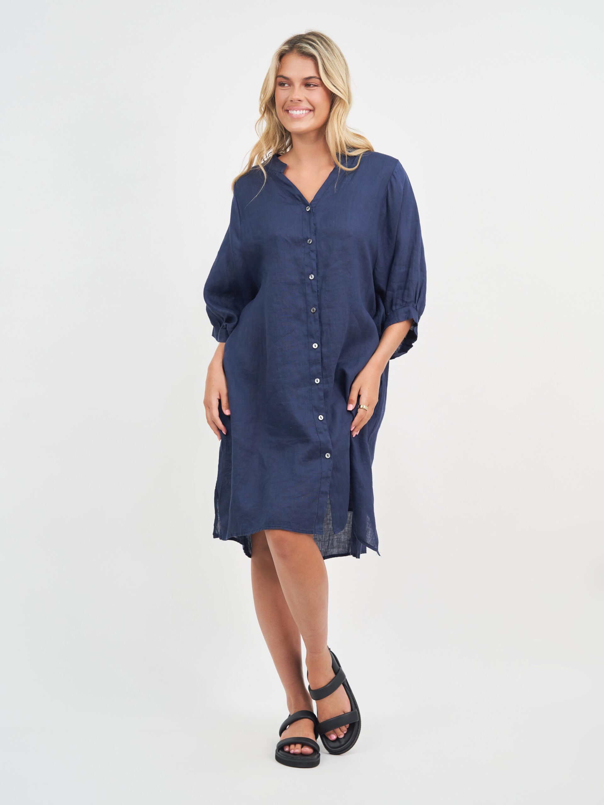 Exaggerated Sleeve Linen Dress Royal Blue Worthier