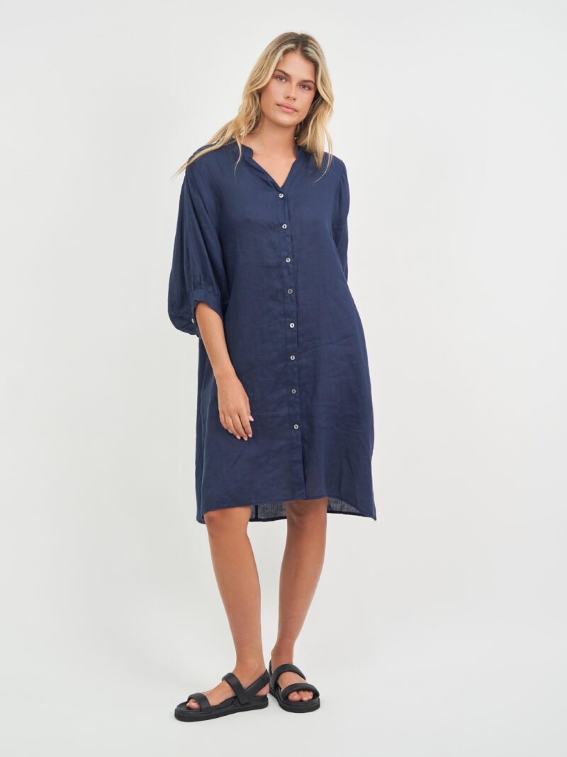 Exaggerated Sleeve Linen Dress Navy Worthier