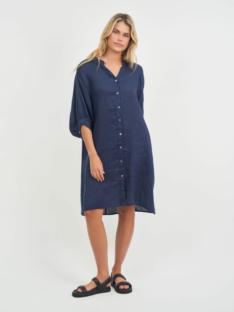 Exaggerated Sleeve Linen Dress Navy Worthier