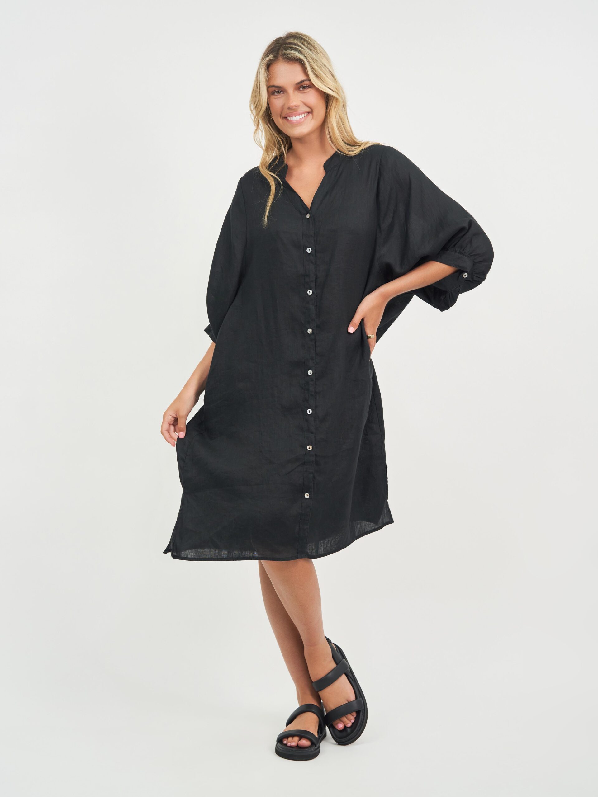 Exaggerated Sleeve Linen Dress Navy Worthier