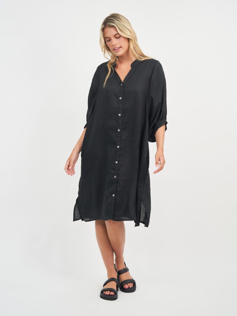 Exaggerated Sleeve Linen Dress Black Worthier