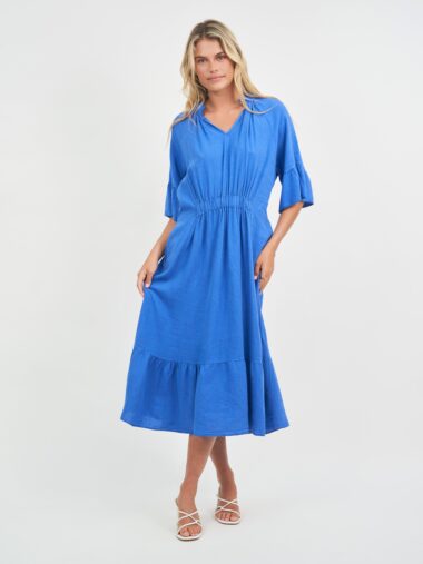 Elastic Waist Linen Dress Blue La Strada