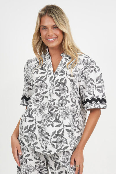 Vee Neck Linen Top Black Liberty Rose