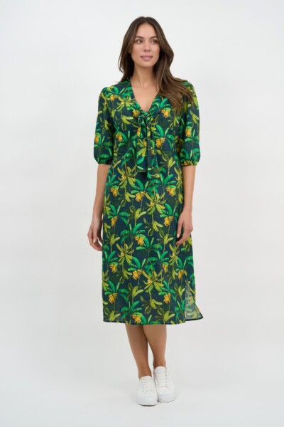 Tie Bust Linen Dress Green Liberty Rose