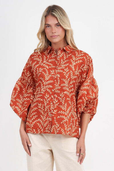 Linen Puff Sleeve Shirt Honey Brown Liberty Rose