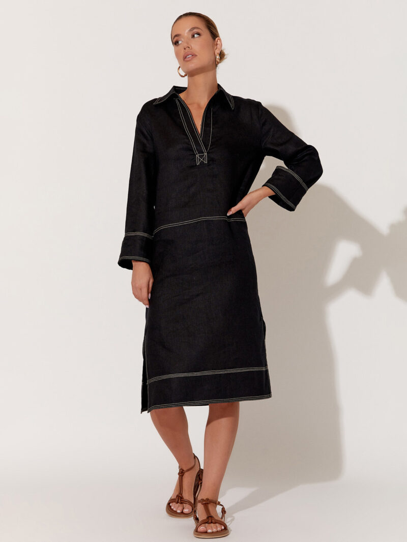 Stitch Detail Linen Dress Black Adorne
