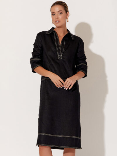 Stitch Detail Linen Dress Black adorne