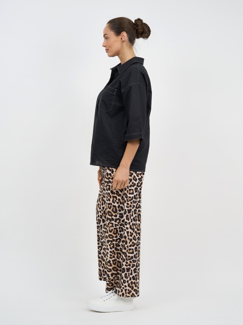Stitch Detailed Linen Shirt Black Liberty Rose