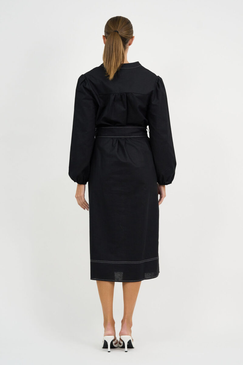 Contrast Stitch Linen Dress Black Liberty Rose