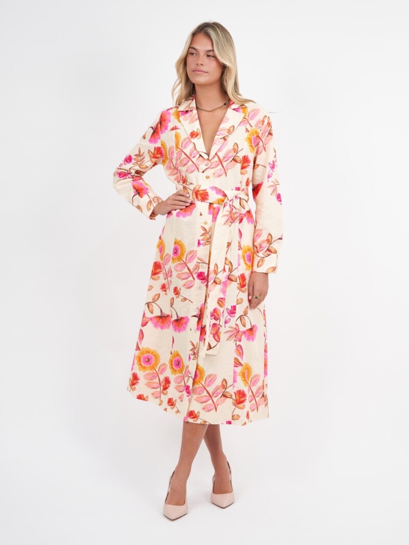 Lapel Collar Linen Coat Dress Pink Liberty Rose