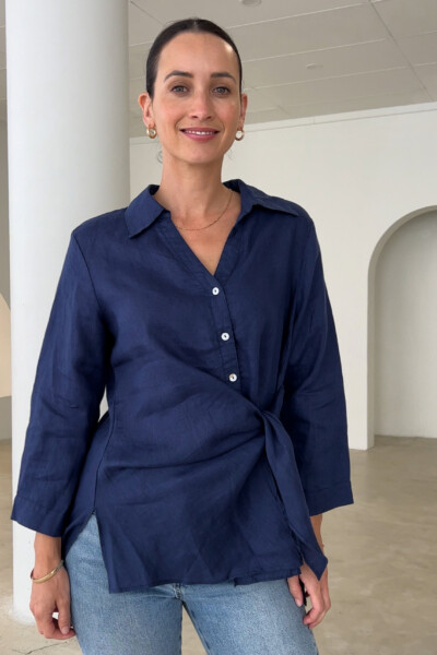 Tie Front Linen Shirt Navy Worthier