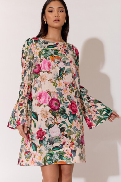 Flute Sleeve Linen Dress Cream adorne