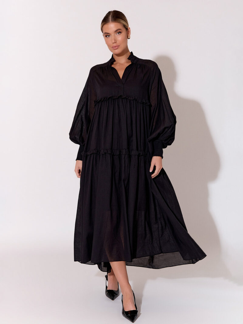 Voile Tiered Midi Dress Black Adorne