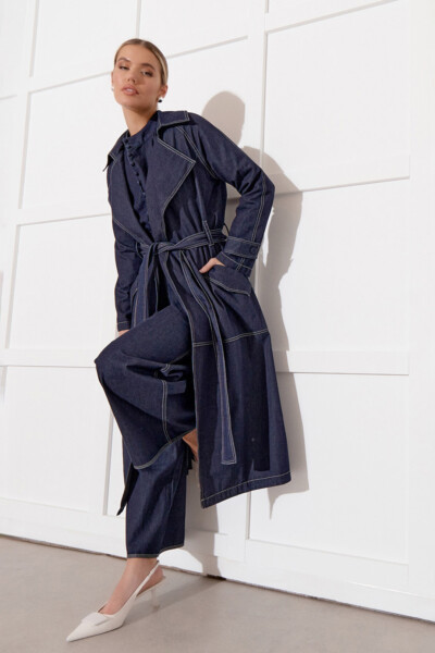 Stitch Detail Denim Trench Navy adorne