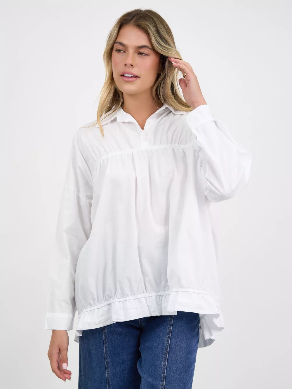 Cotton Gathered Shirt White La Strada