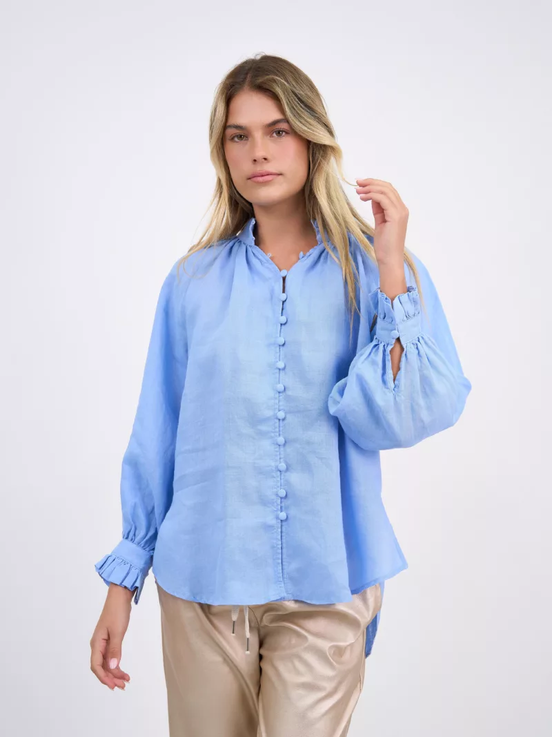 Button Detail Linen Shirt Blue Worthier