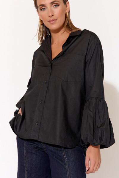 Poplin Puffed Sleeve Shirt Black adorne