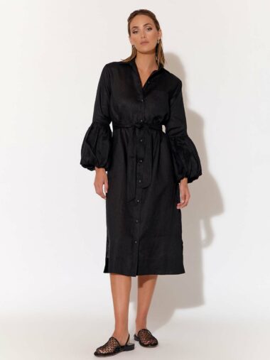 Linen Puffed Sleeve Dress Black Adorne