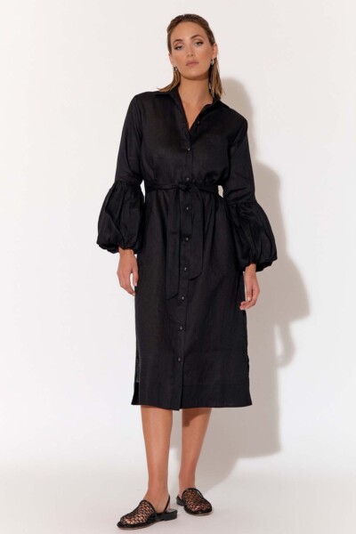 Linen Puffed Sleeve Dress Black adorne