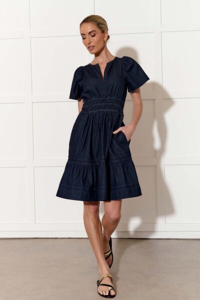 Short Vee Pleat Denim Dress Dark Denim adorne