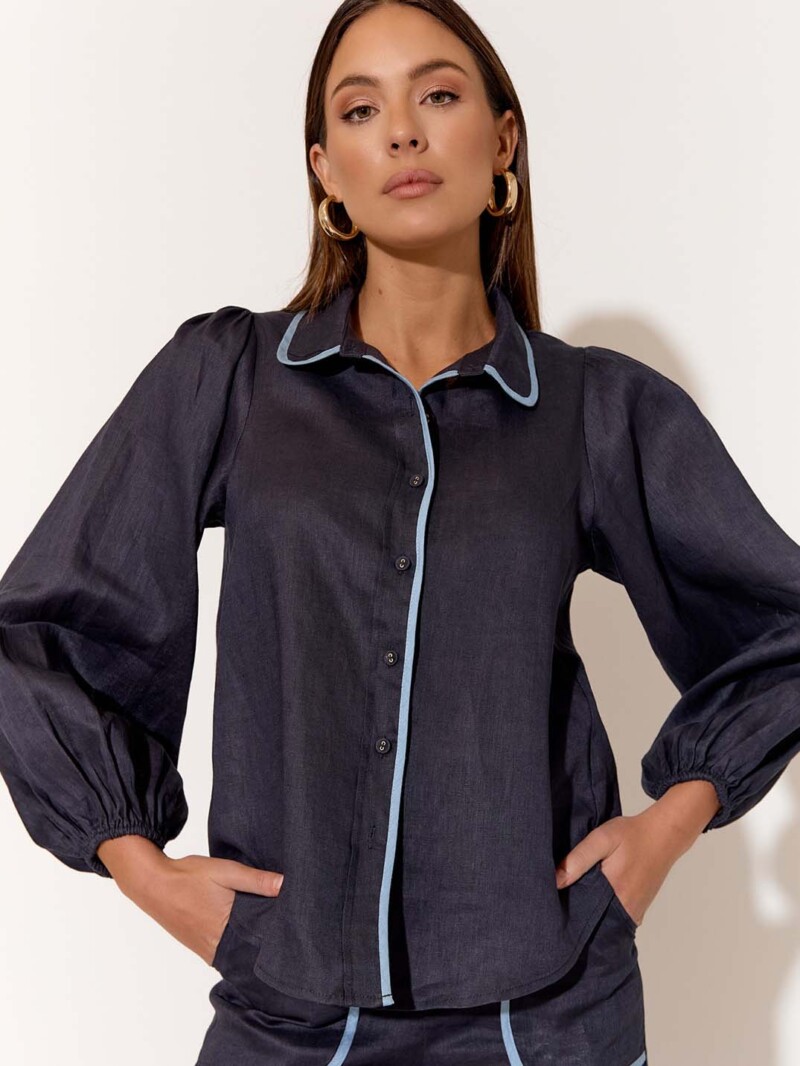 Contrast Trim Linen Shirt Navy adorne