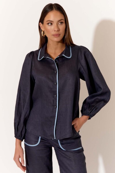 Contrast Trim Linen Shirt Navy adorne