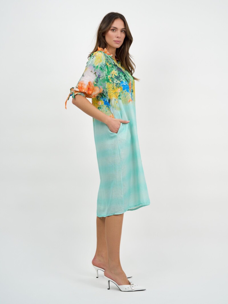 Frill V-Neck Linen Dress Multi La Strada