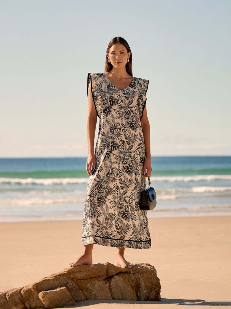 Trim Detail Linen Maxi Dress Natural adorne