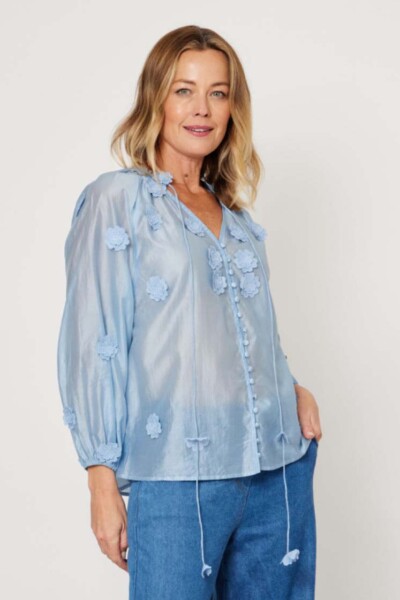 Silk Blend Flower Shirt Blue La Strada