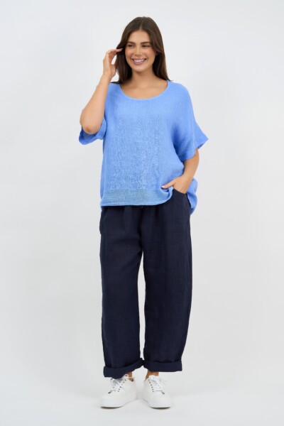Relaxed Linen Trim Top Blue La Strada Relaxed Linen Trim Top Blue La Strada