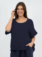 Relaxed Linen Trim Top Blue La Strada Relaxed Linen Trim Top Blue La Strada