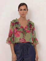 Double Frill Neck Top Pink Liberty Rose