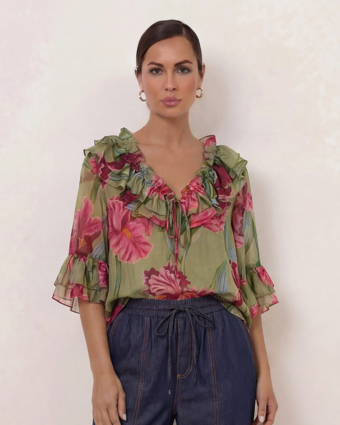 Double Frill Neck Top Khaki Liberty Rose Double Frill Neck Top Khaki Liberty Rose