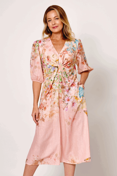 Twist Front Linen Dress Pink La Strada