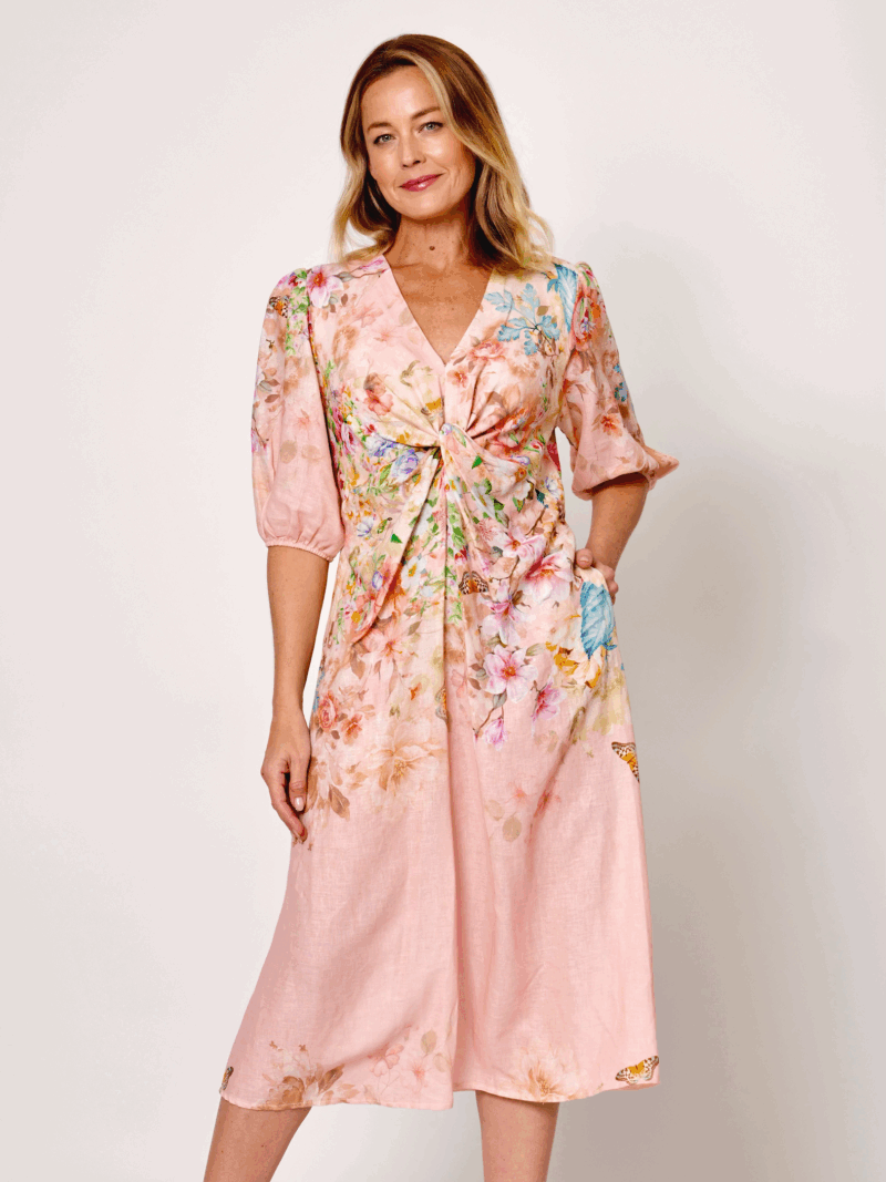 Twist Front Linen Dress Pink La Strada