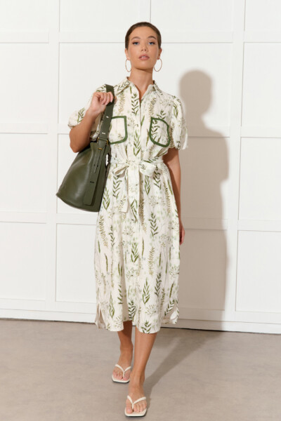 Pocket Front Linen Dress Green adorne