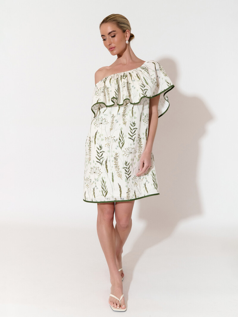 Off Shoulder Frill Dress Green adorne