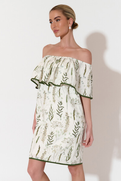 Off Shoulder Frill Dress Green adorne