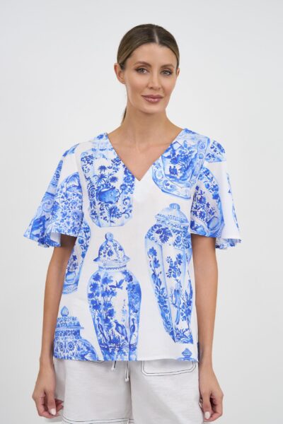 Flute Sleeve Cotton Top Blue Liberty Rose