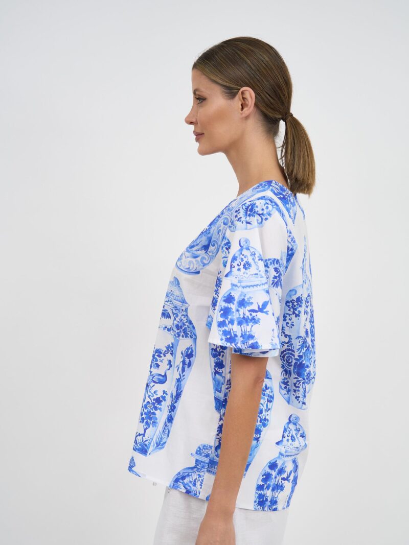 Flute Sleeve Cotton Top Blue Liberty Rose