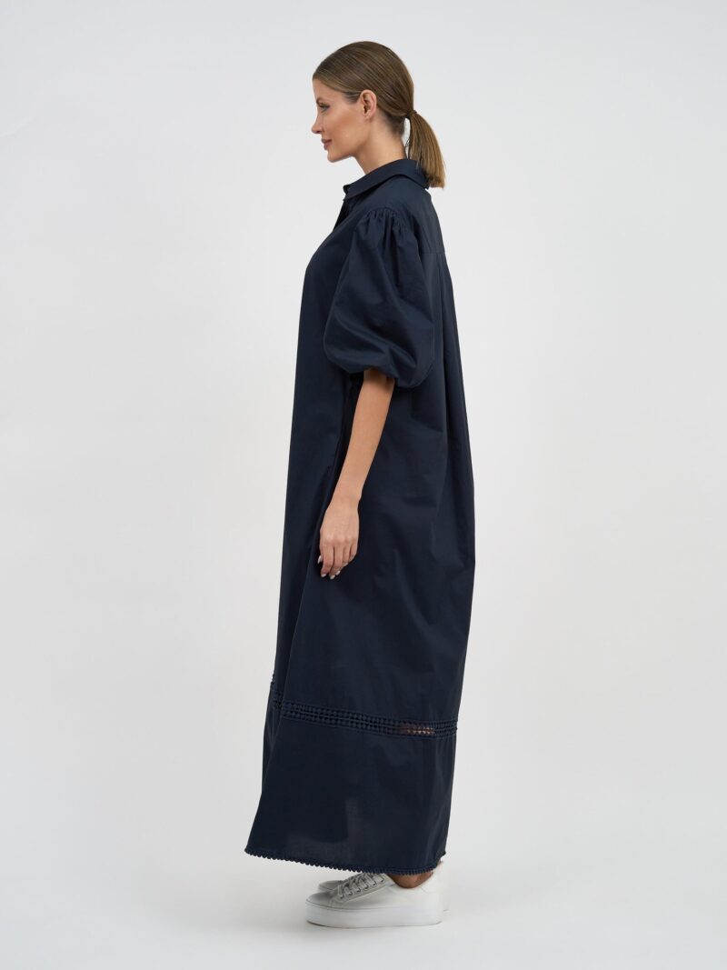 Lattice Trim Cotton Shirt Dress Navy Liberty Rose