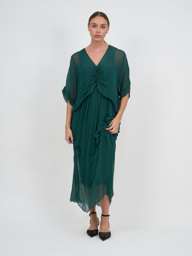 Gathered Silk Blend Dress Emerald La Strada