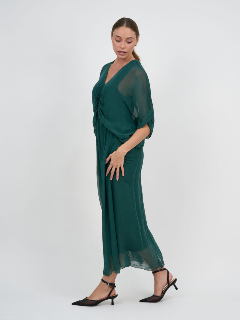 Gathered Silk Blend Dress Emerald La Strada