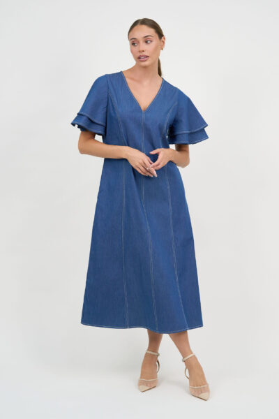 Denim Frilled Sleeve Dress Light Denim Liberty Rose