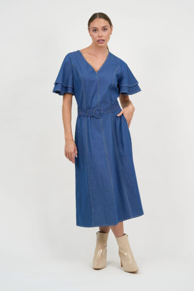 Denim Frilled Sleeve Dress Light Denim Liberty Rose