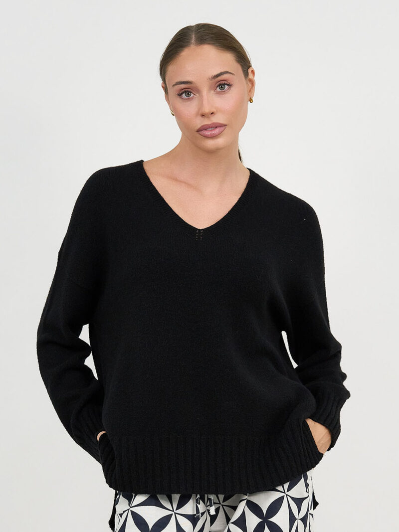 Vee Neck Ribbed Knit Black La Strada