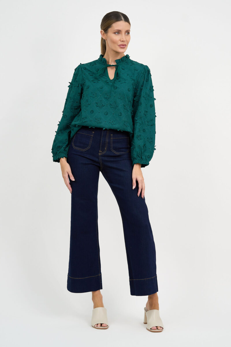 Embroidered Neck Tie Top Teal Liberty Rose