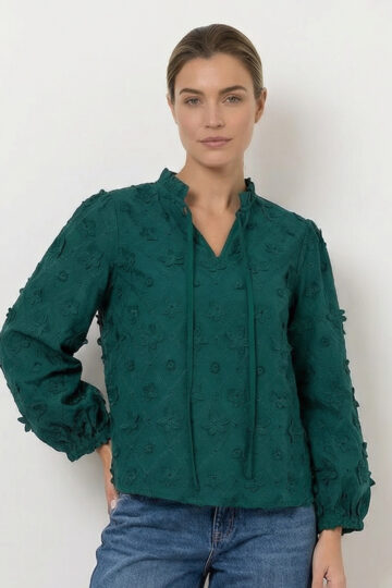 Embroidered Neck Tie Top Teal Liberty Rose