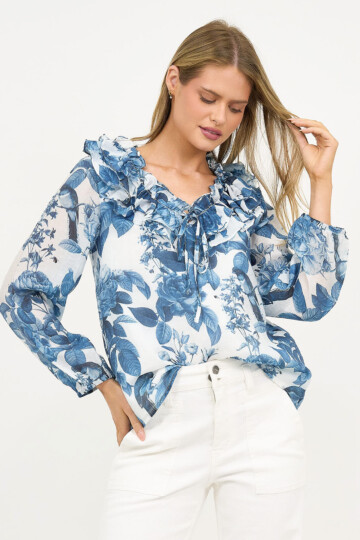 Double Frill Neck Top Blue Liberty Rose